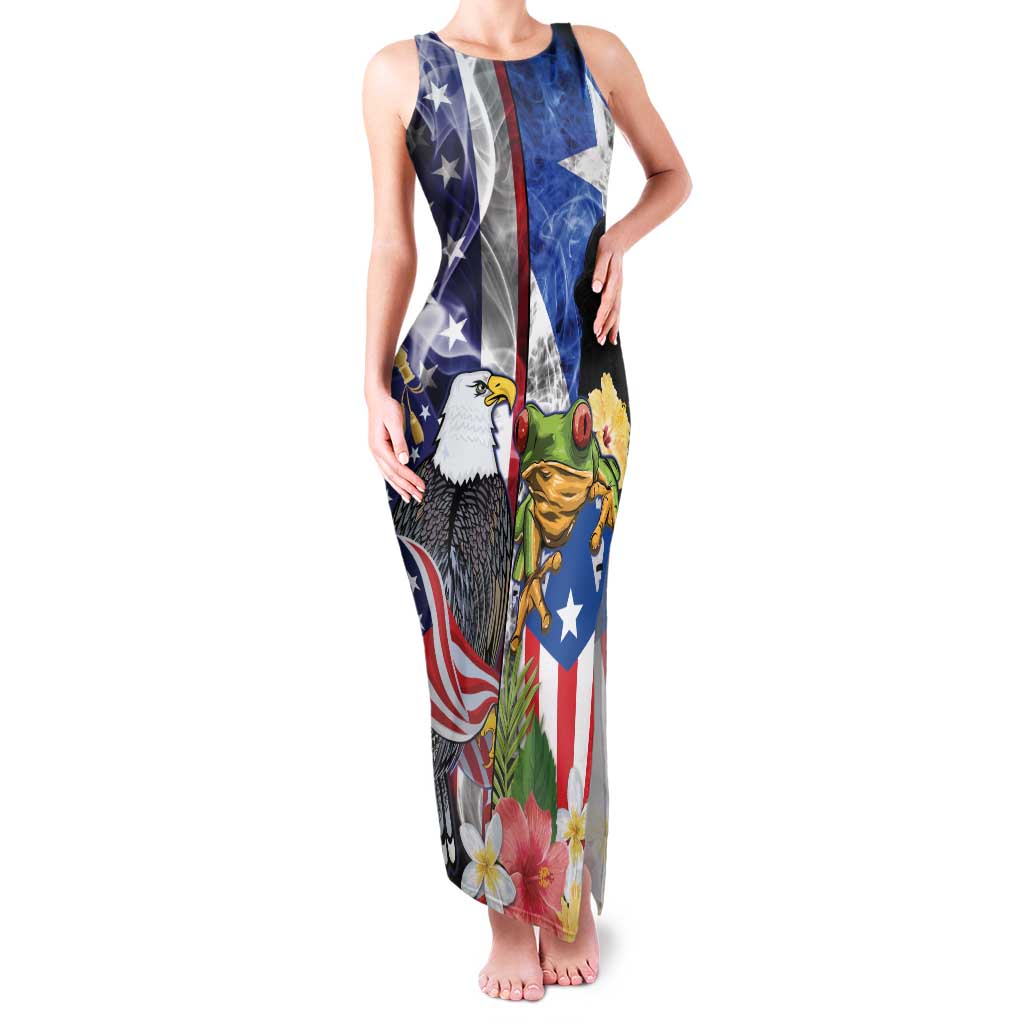 United States Puerto Rico Family Matching Tank Maxi Dress and Hawaiian Shirt USA Eagle Coqui Drum Tropical Flowers - Wonder Print Shop