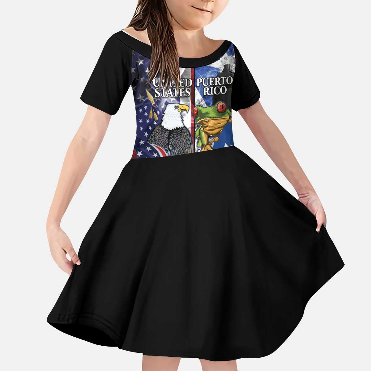 United States Puerto Rico Kid Short Sleeve Dress USA Eagle Coqui Drum Tropical Flowers - Wonder Print Shop