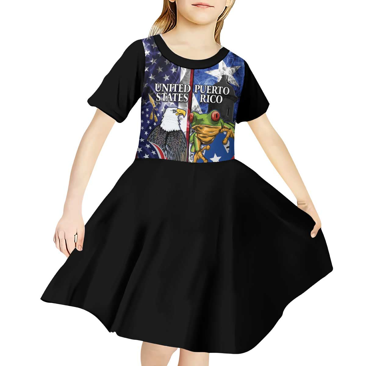 United States Puerto Rico Kid Short Sleeve Dress USA Eagle Coqui Drum Tropical Flowers - Wonder Print Shop