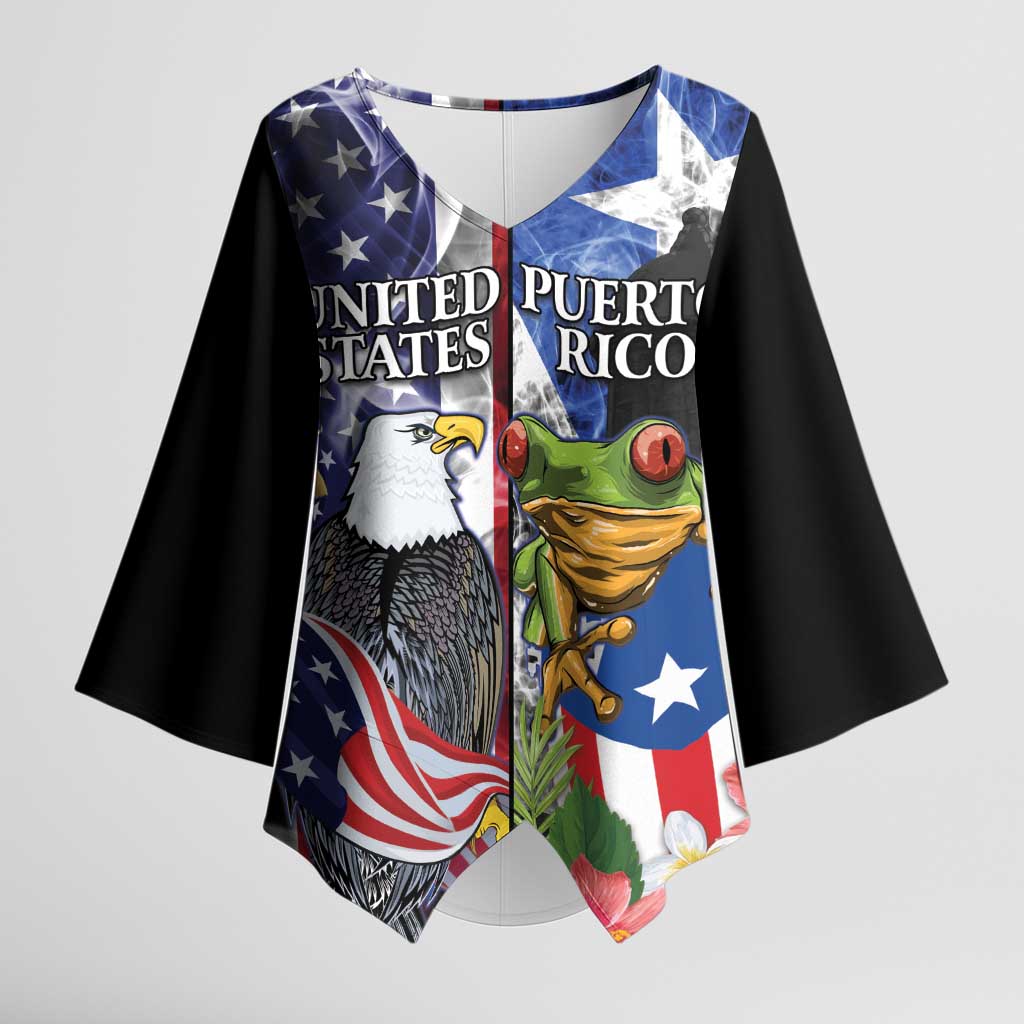 United States Puerto Rico Kimono Sleeve Blouse USA Eagle Coqui Drum Tropical Flowers - Wonder Print Shop