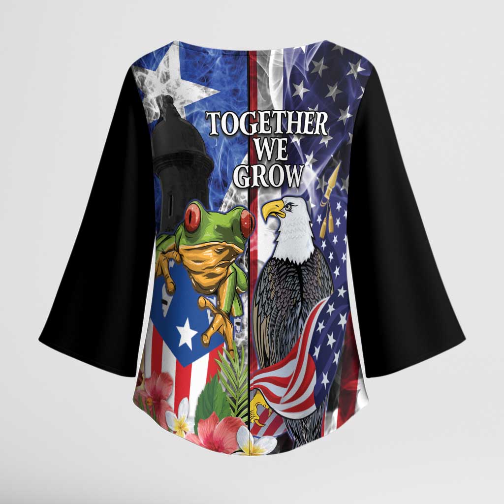 United States Puerto Rico Kimono Sleeve Blouse USA Eagle Coqui Drum Tropical Flowers - Wonder Print Shop