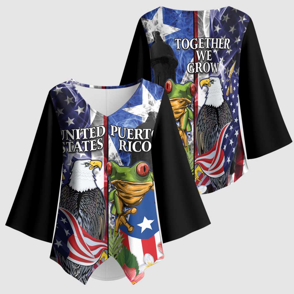 United States Puerto Rico Kimono Sleeve Blouse USA Eagle Coqui Drum Tropical Flowers - Wonder Print Shop