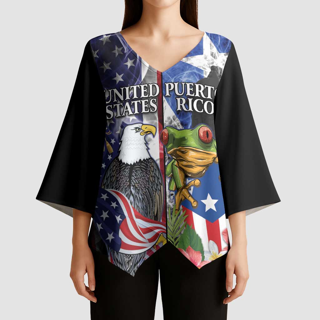 United States Puerto Rico Kimono Sleeve Blouse USA Eagle Coqui Drum Tropical Flowers - Wonder Print Shop