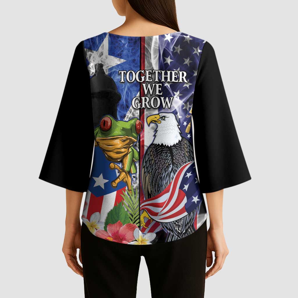 United States Puerto Rico Kimono Sleeve Blouse USA Eagle Coqui Drum Tropical Flowers - Wonder Print Shop