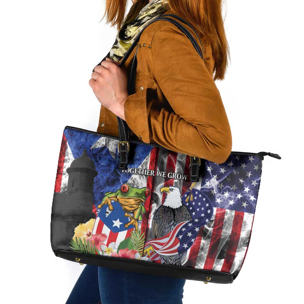 United States Puerto Rico Leather Tote Bag USA Eagle Coqui Drum Tropical Flowers - Wonder Print Shop