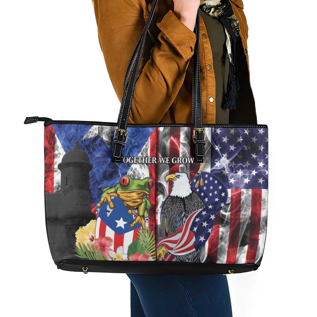 United States Puerto Rico Leather Tote Bag USA Eagle Coqui Drum Tropical Flowers - Wonder Print Shop