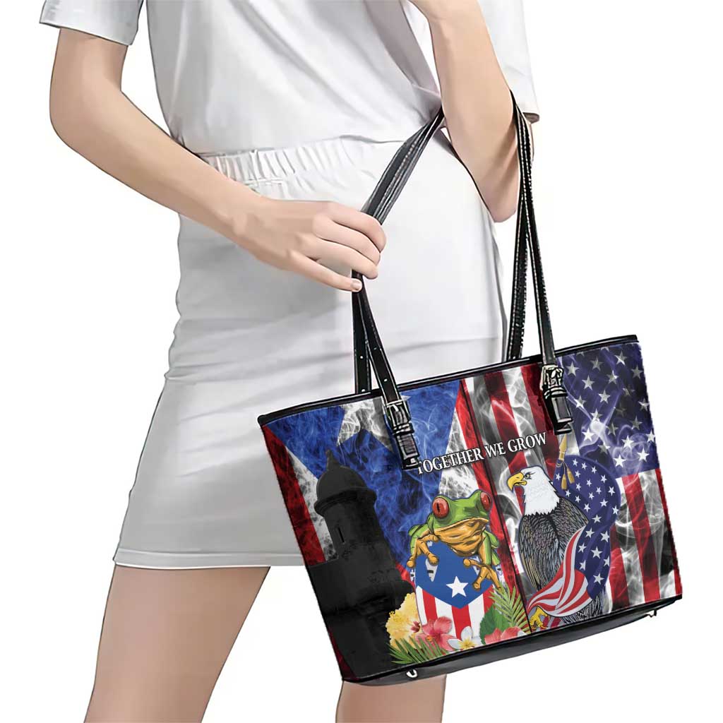 United States Puerto Rico Leather Tote Bag USA Eagle Coqui Drum Tropical Flowers - Wonder Print Shop
