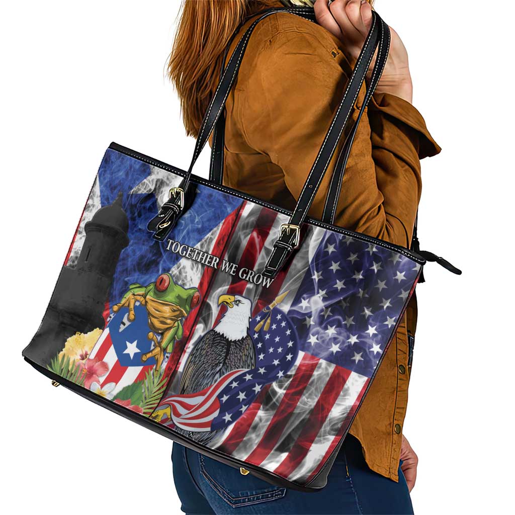 United States Puerto Rico Leather Tote Bag USA Eagle Coqui Drum Tropical Flowers - Wonder Print Shop