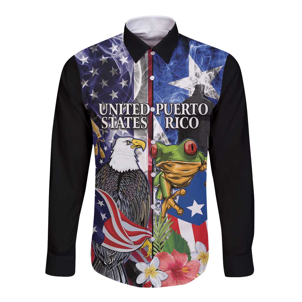 United States Puerto Rico Long Sleeve Button Shirt USA Eagle Coqui Drum Tropical Flowers - Wonder Print Shop