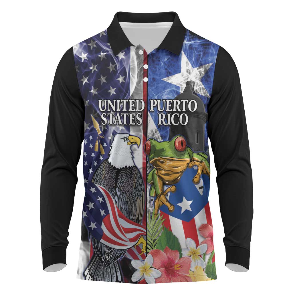 United States Puerto Rico Long Sleeve Polo Shirt USA Eagle Coqui Drum Tropical Flowers - Wonder Print Shop