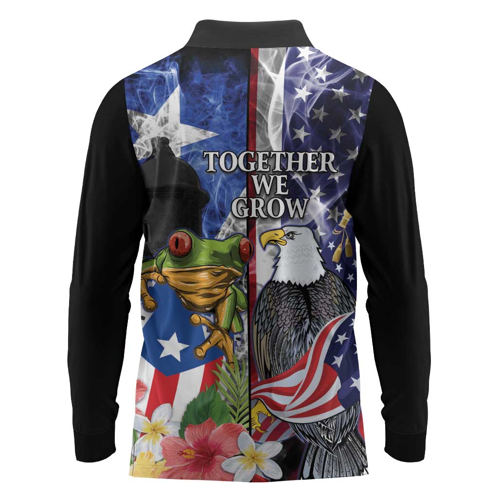 United States Puerto Rico Long Sleeve Polo Shirt USA Eagle Coqui Drum Tropical Flowers - Wonder Print Shop