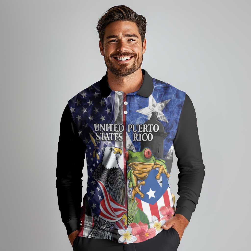 United States Puerto Rico Long Sleeve Polo Shirt USA Eagle Coqui Drum Tropical Flowers - Wonder Print Shop