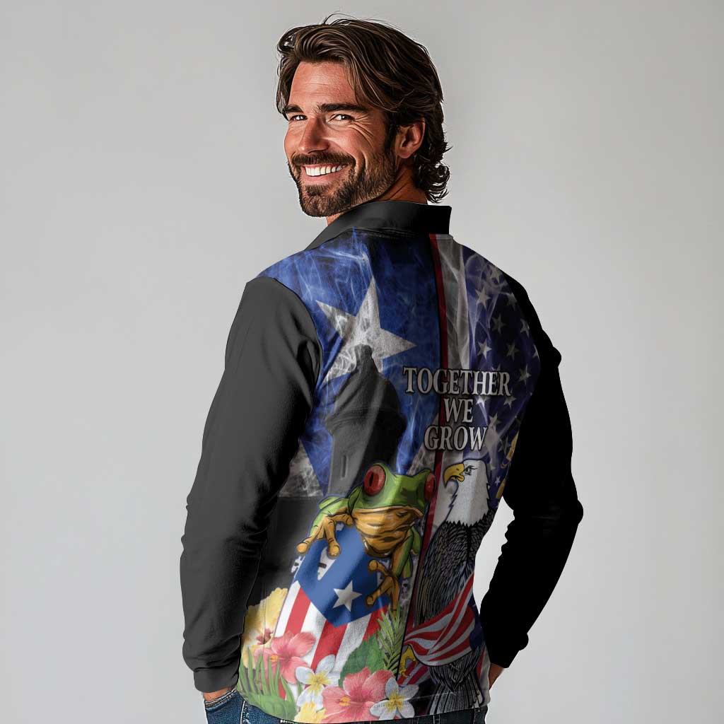 United States Puerto Rico Long Sleeve Polo Shirt USA Eagle Coqui Drum Tropical Flowers - Wonder Print Shop