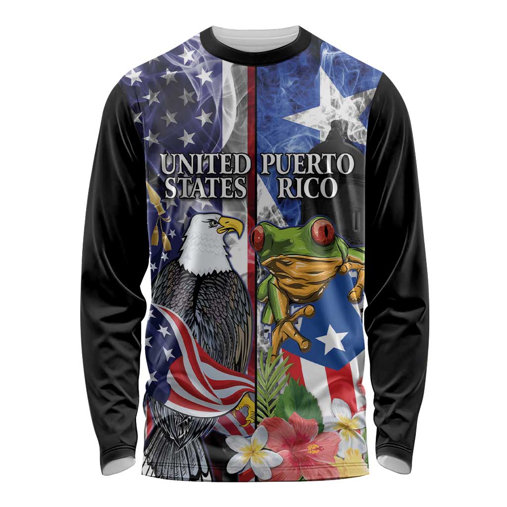 United States Puerto Rico Long Sleeve Shirt USA Eagle Coqui Drum Tropical Flowers - Wonder Print Shop