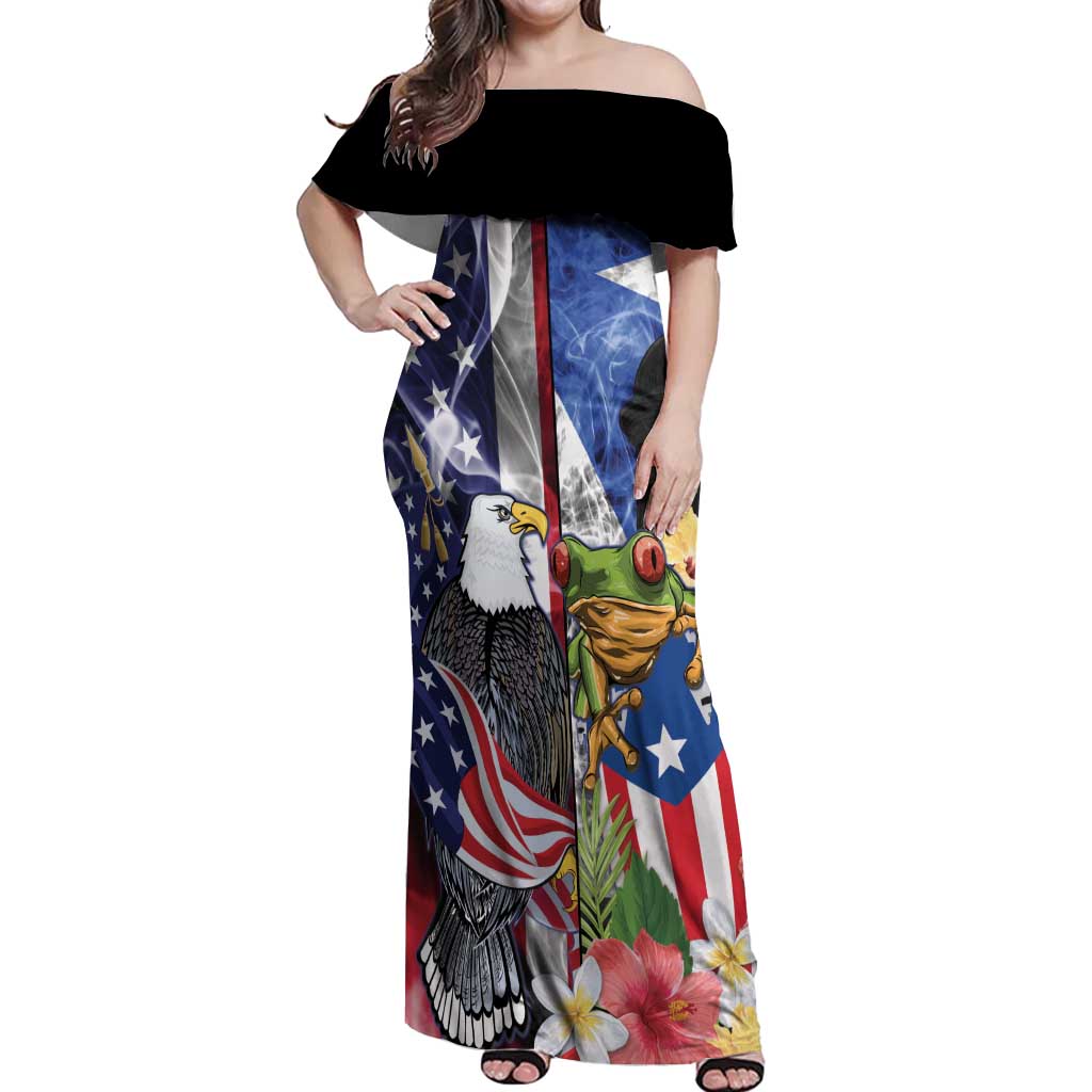 United States Puerto Rico Off Shoulder Maxi Dress USA Eagle Coqui Drum Tropical Flowers - Wonder Print Shop