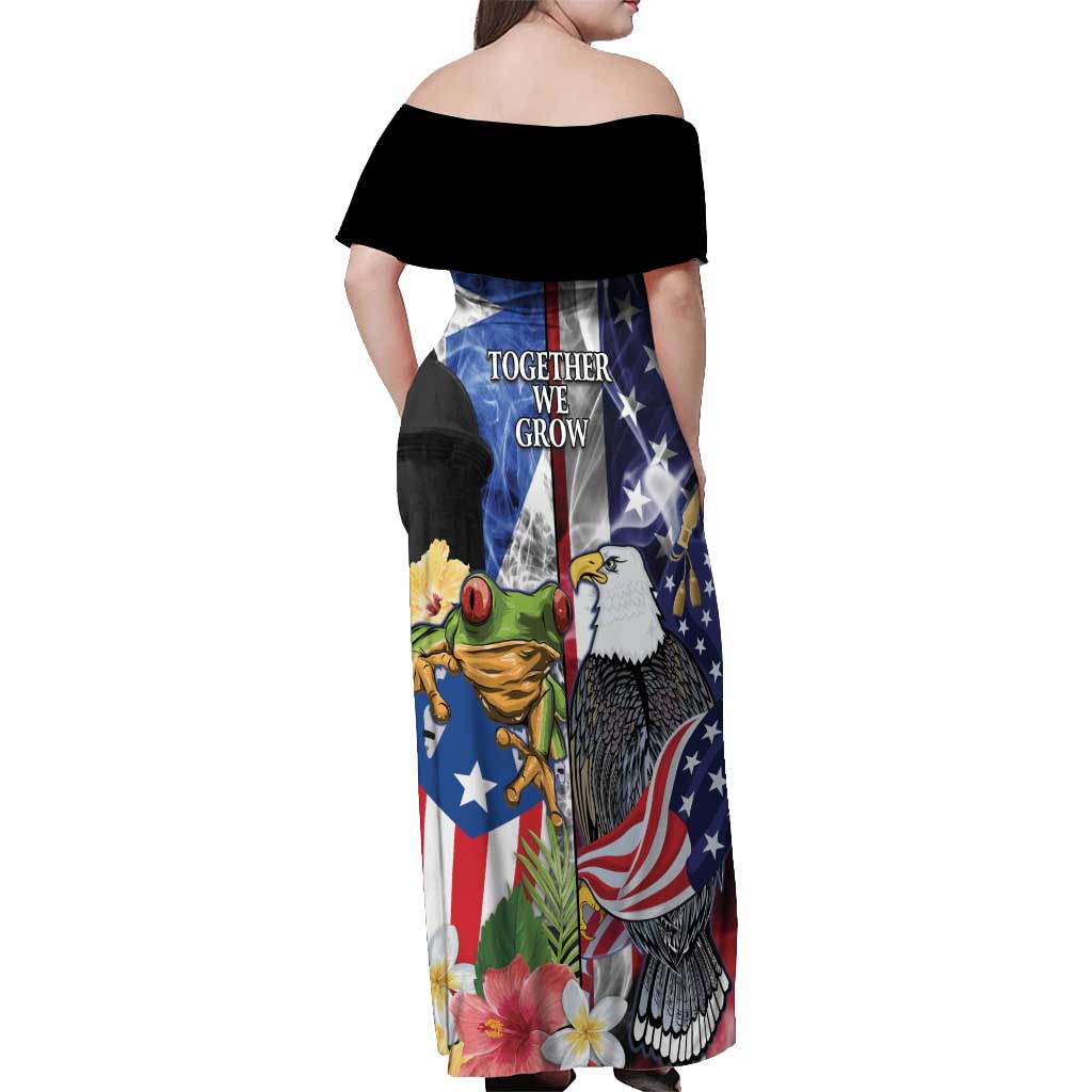 United States Puerto Rico Off Shoulder Maxi Dress USA Eagle Coqui Drum Tropical Flowers - Wonder Print Shop