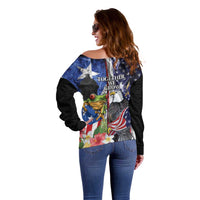 United States Puerto Rico Off Shoulder Sweater USA Eagle Coqui Drum Tropical Flowers - Wonder Print Shop