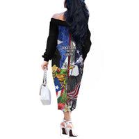 United States Puerto Rico Off The Shoulder Long Sleeve Dress USA Eagle Coqui Drum Tropical Flowers - Wonder Print Shop