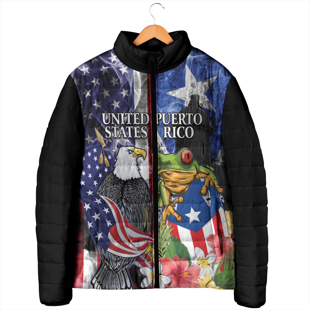 United States Puerto Rico Padded Jacket USA Eagle Coqui Drum Tropical Flowers - Wonder Print Shop