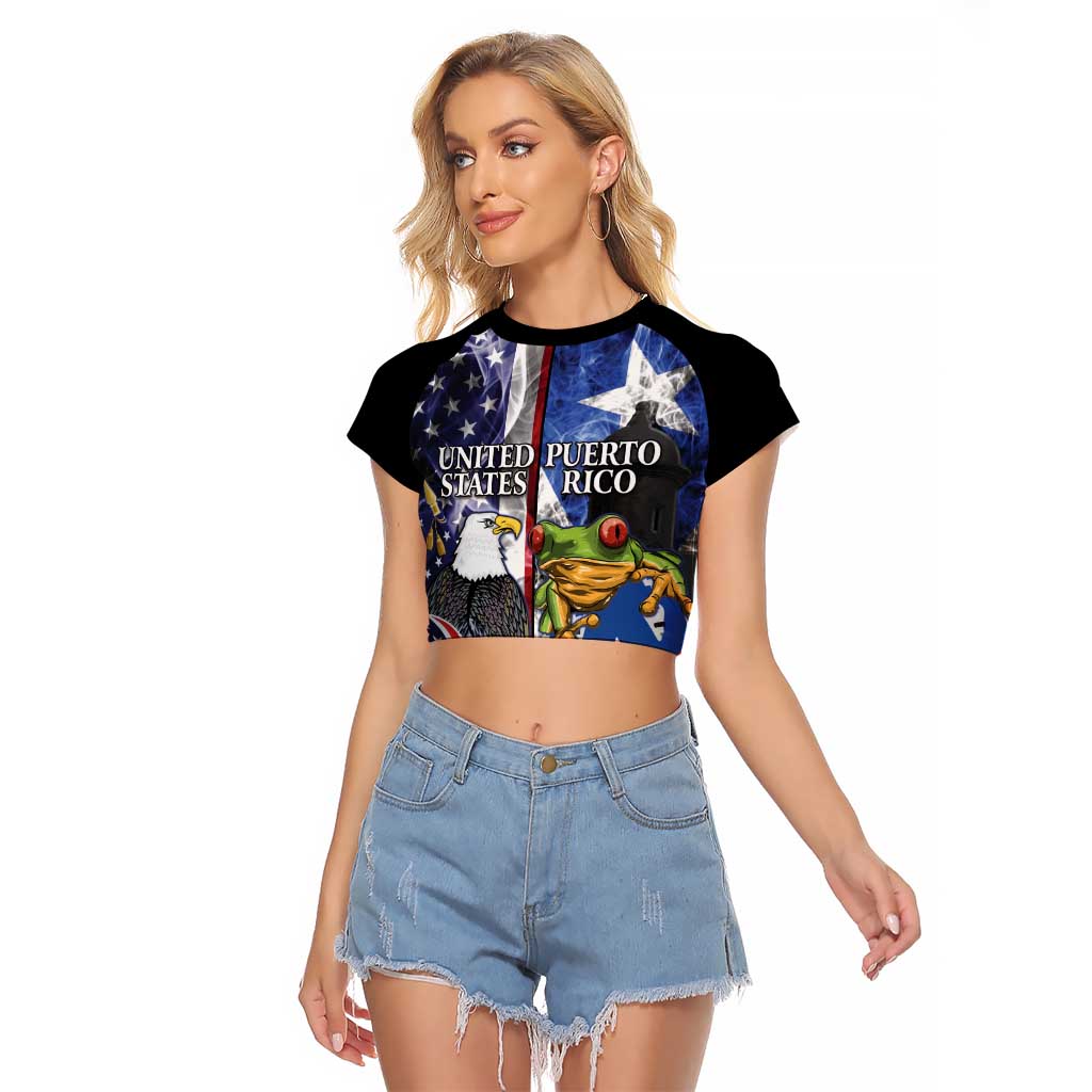 United States Puerto Rico Raglan Cropped T Shirt USA Eagle Coqui Drum Tropical Flowers - Wonder Print Shop