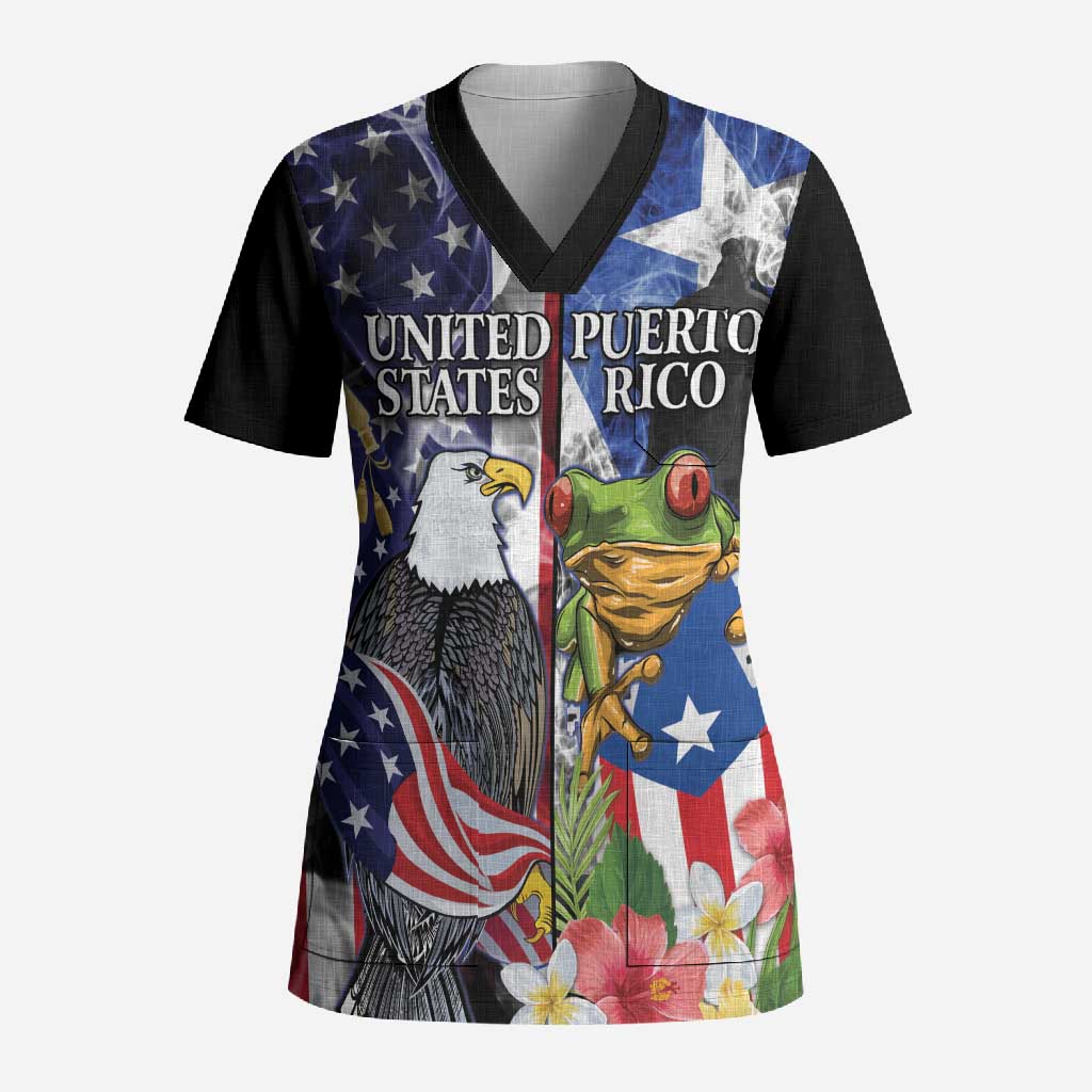 United States Puerto Rico Scrub Top USA Eagle Coqui Drum Tropical Flowers - Wonder Print Shop