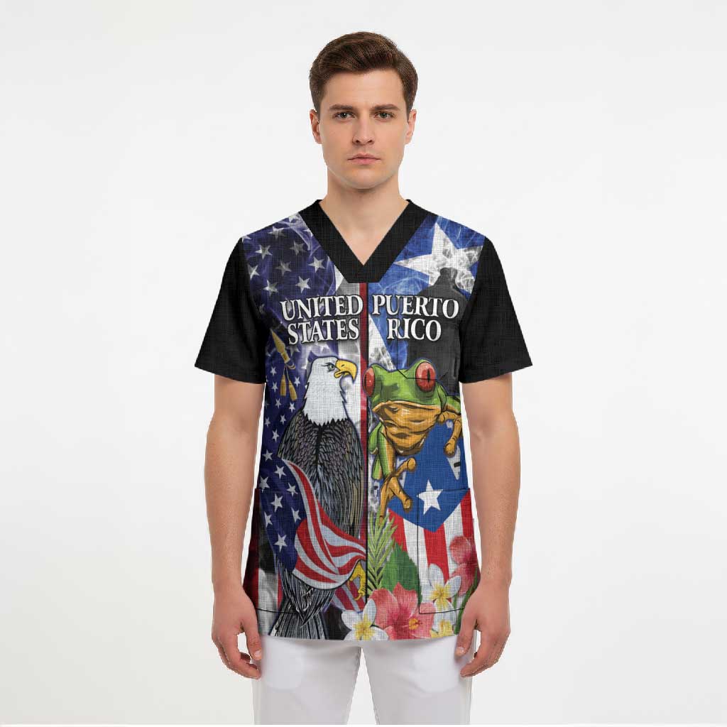 United States Puerto Rico Scrub Top USA Eagle Coqui Drum Tropical Flowers - Wonder Print Shop