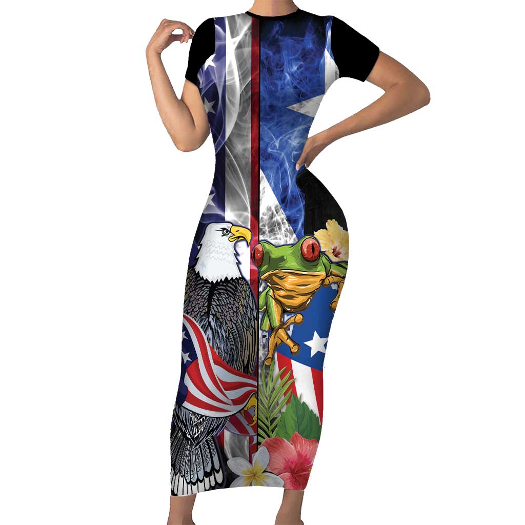 United States Puerto Rico Short Sleeve Bodycon Dress USA Eagle Coqui Drum Tropical Flowers - Wonder Print Shop
