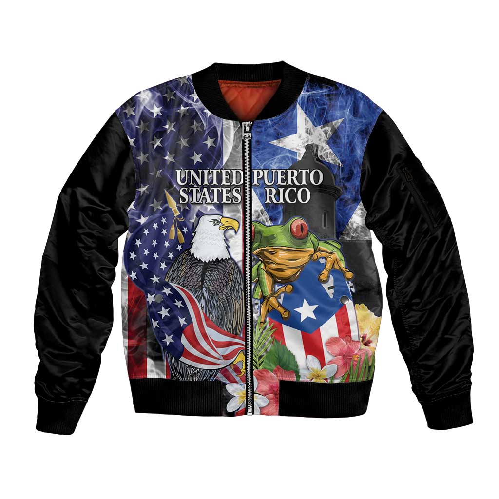 United States Puerto Rico Sleeve Zip Bomber Jacket USA Eagle Coqui Drum Tropical Flowers - Wonder Print Shop