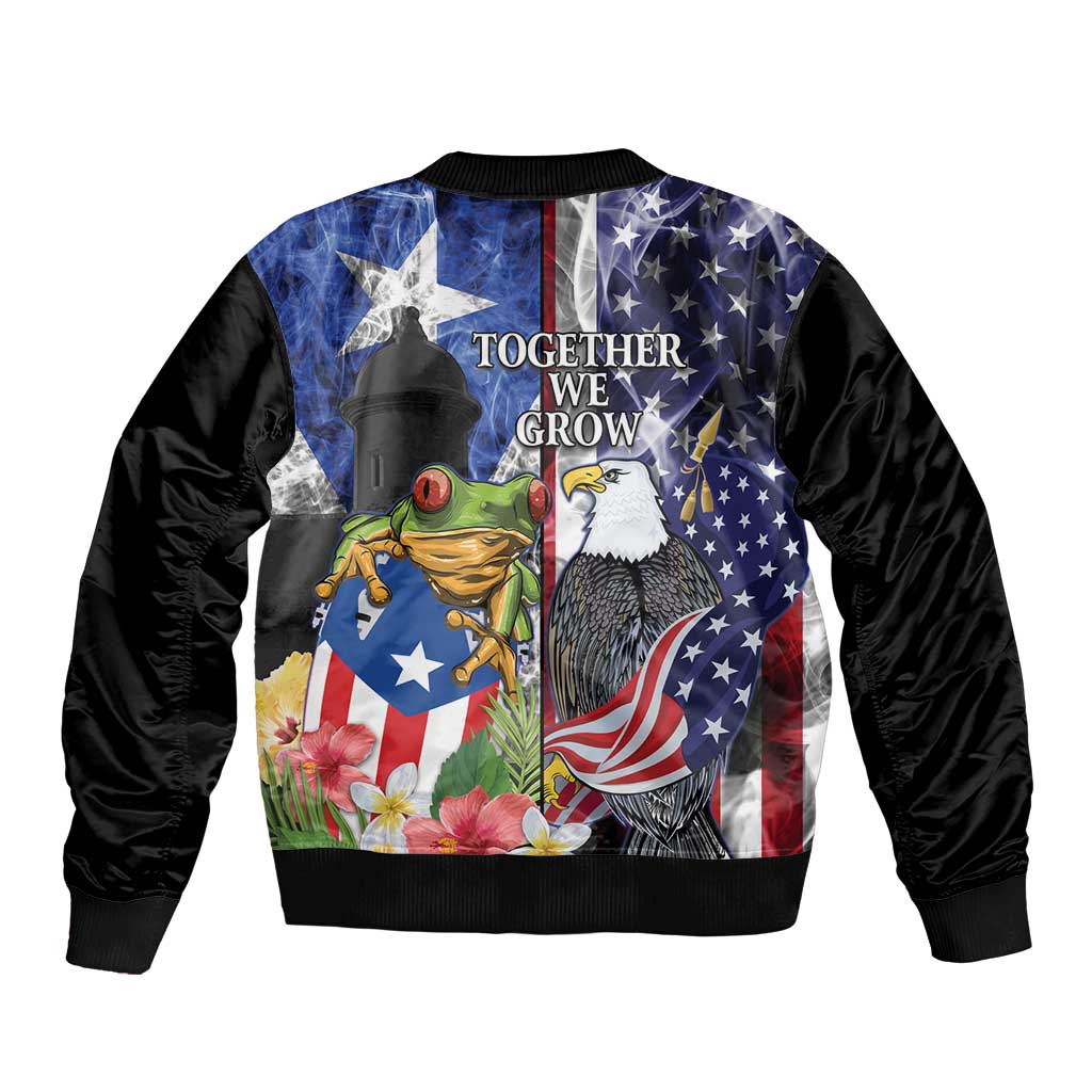 United States Puerto Rico Sleeve Zip Bomber Jacket USA Eagle Coqui Drum Tropical Flowers - Wonder Print Shop