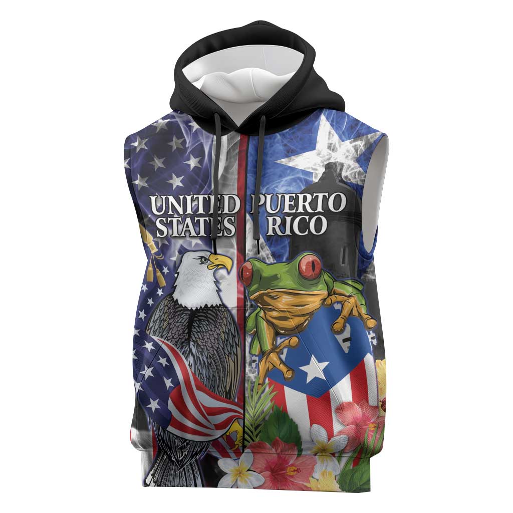 United States Puerto Rico Sleeveless Hoodie USA Eagle Coqui Drum Tropical Flowers - Wonder Print Shop