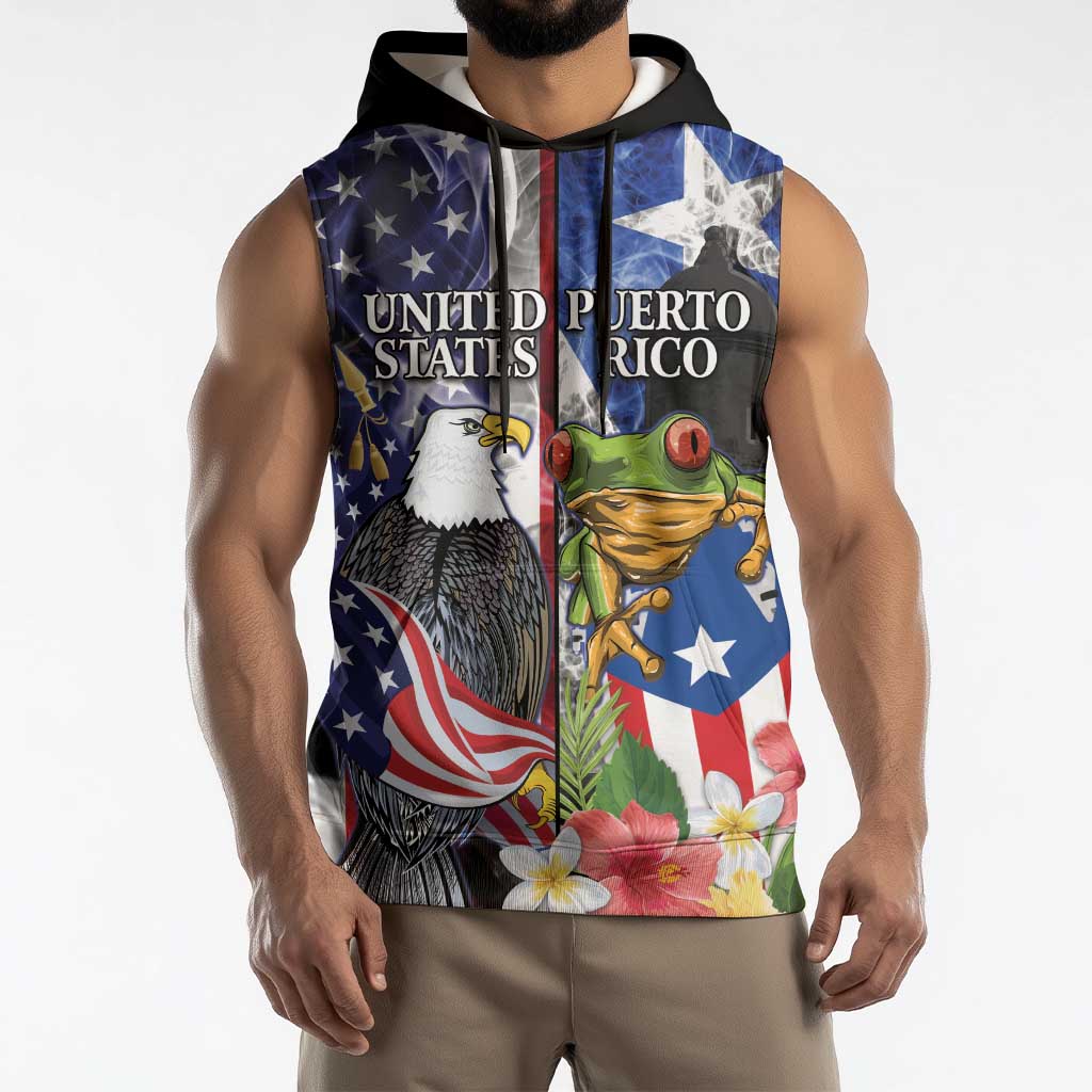 United States Puerto Rico Sleeveless Hoodie USA Eagle Coqui Drum Tropical Flowers - Wonder Print Shop