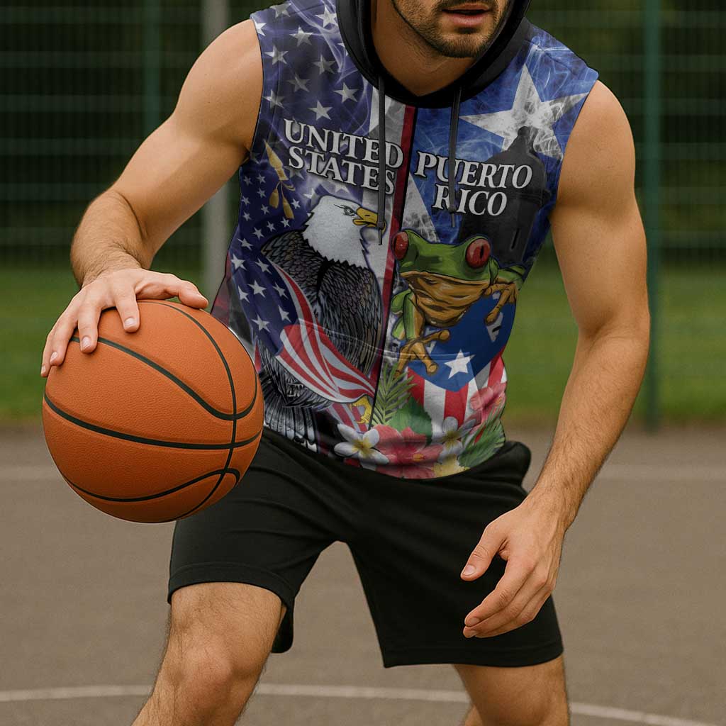United States Puerto Rico Sleeveless Hoodie USA Eagle Coqui Drum Tropical Flowers - Wonder Print Shop