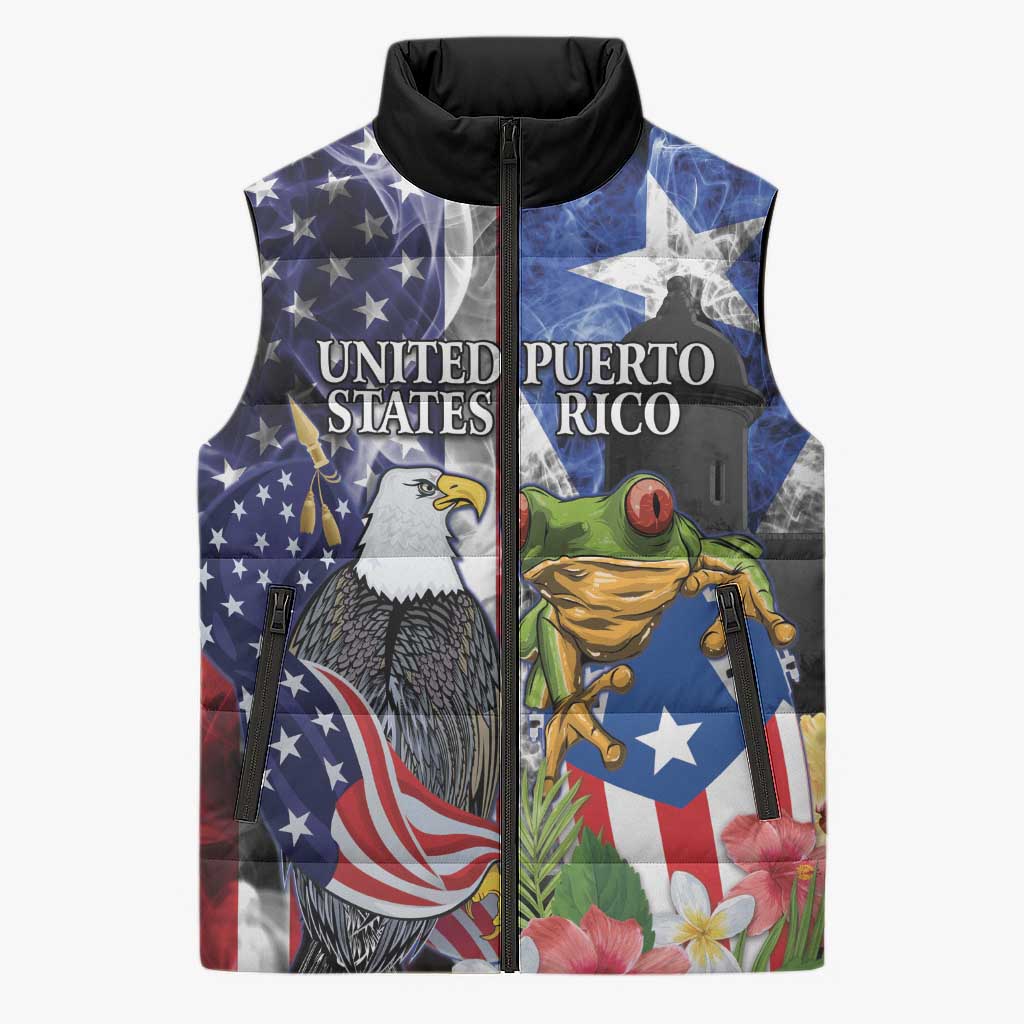 United States Puerto Rico Sleeveless Puffer Jacket USA Eagle Coqui Drum Tropical Flowers - Wonder Print Shop