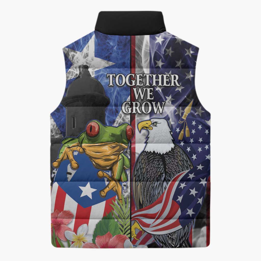 United States Puerto Rico Sleeveless Puffer Jacket USA Eagle Coqui Drum Tropical Flowers - Wonder Print Shop
