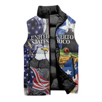 United States Puerto Rico Sleeveless Puffer Jacket USA Eagle Coqui Drum Tropical Flowers - Wonder Print Shop