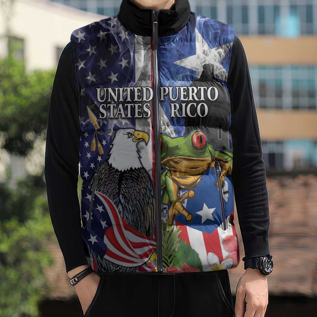 United States Puerto Rico Sleeveless Puffer Jacket USA Eagle Coqui Drum Tropical Flowers - Wonder Print Shop
