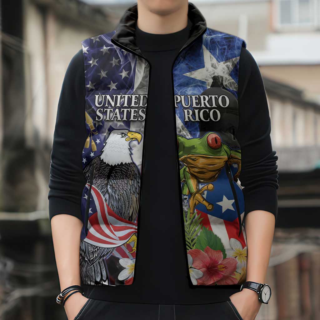 United States Puerto Rico Sleeveless Puffer Jacket USA Eagle Coqui Drum Tropical Flowers - Wonder Print Shop