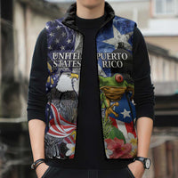 United States Puerto Rico Sleeveless Puffer Jacket USA Eagle Coqui Drum Tropical Flowers - Wonder Print Shop