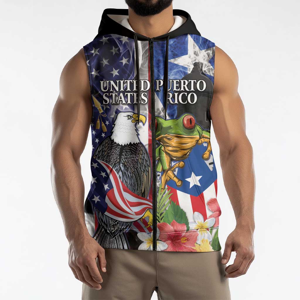 United States Puerto Rico Sleeveless Zip Hoodie USA Eagle Coqui Drum Tropical Flowers - Wonder Print Shop