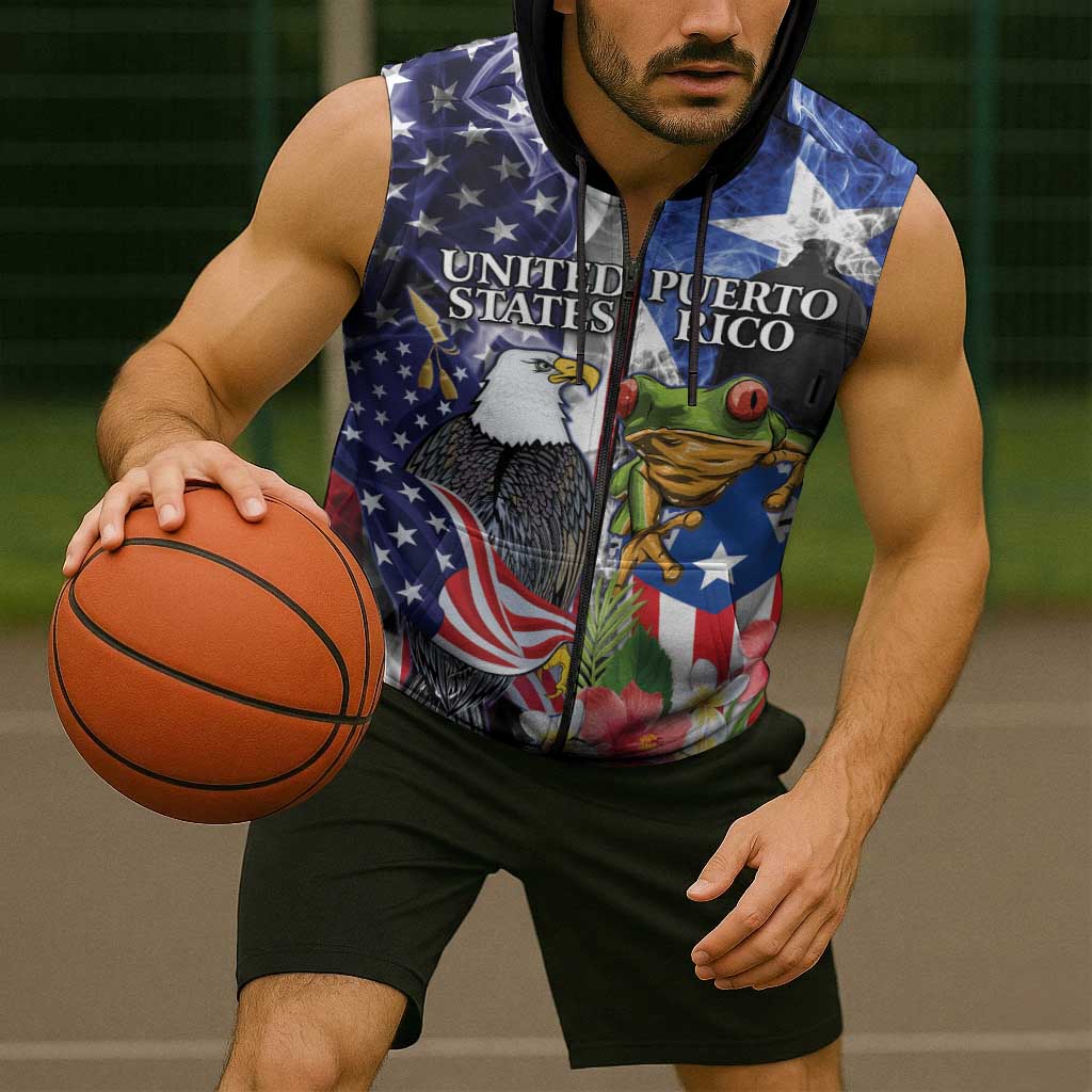 United States Puerto Rico Sleeveless Zip Hoodie USA Eagle Coqui Drum Tropical Flowers - Wonder Print Shop