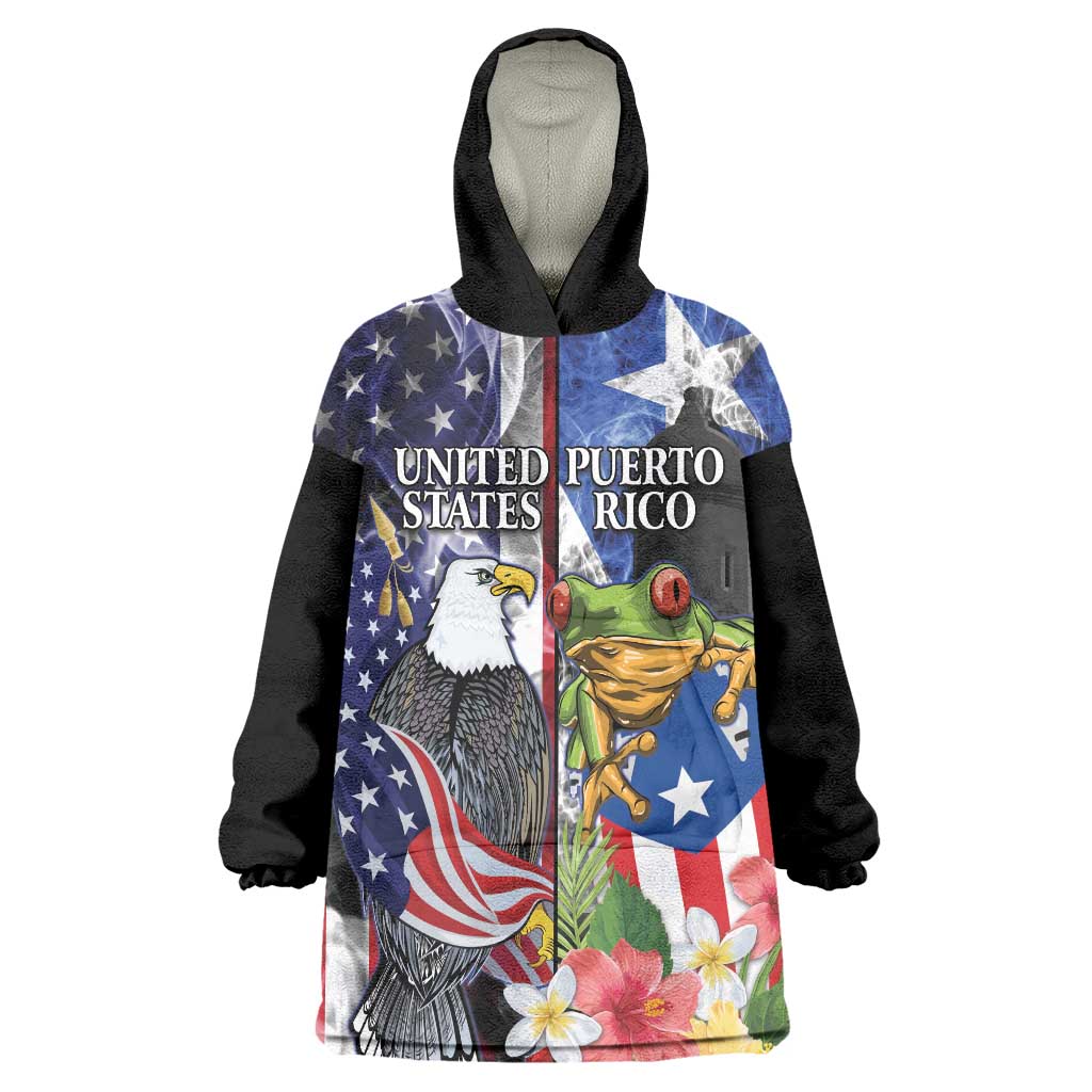 United States Puerto Rico Wearable Blanket Hoodie USA Eagle Coqui Drum Tropical Flowers - Wonder Print Shop