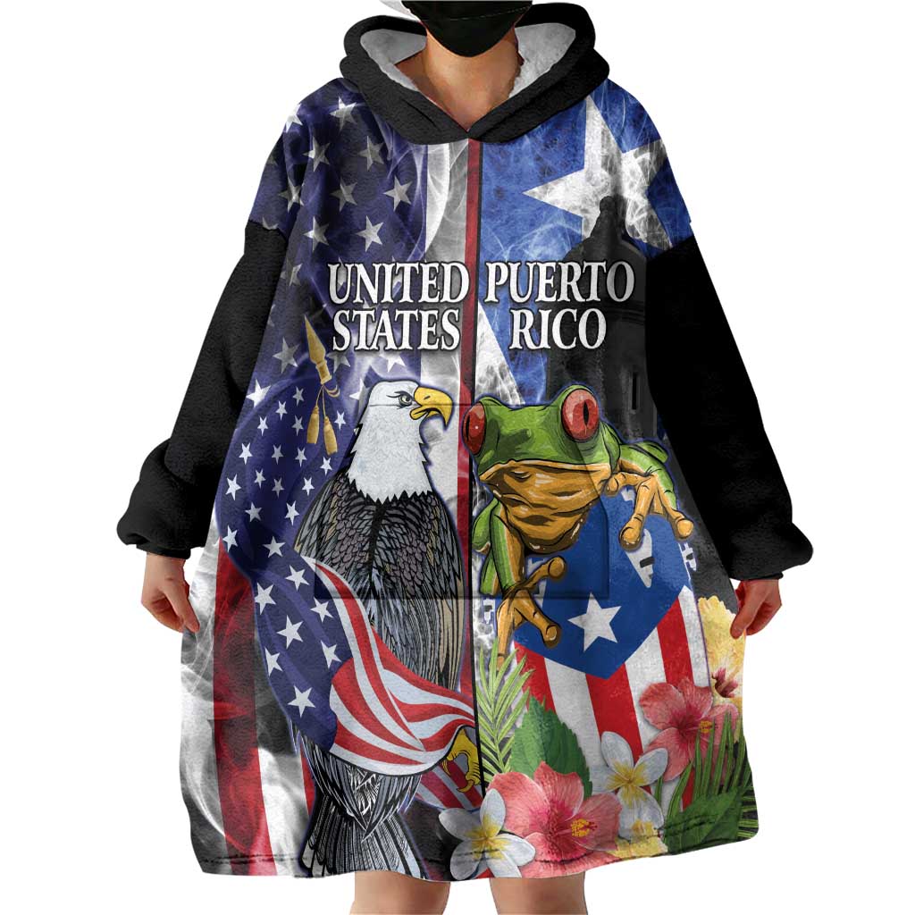 United States Puerto Rico Wearable Blanket Hoodie USA Eagle Coqui Drum Tropical Flowers - Wonder Print Shop
