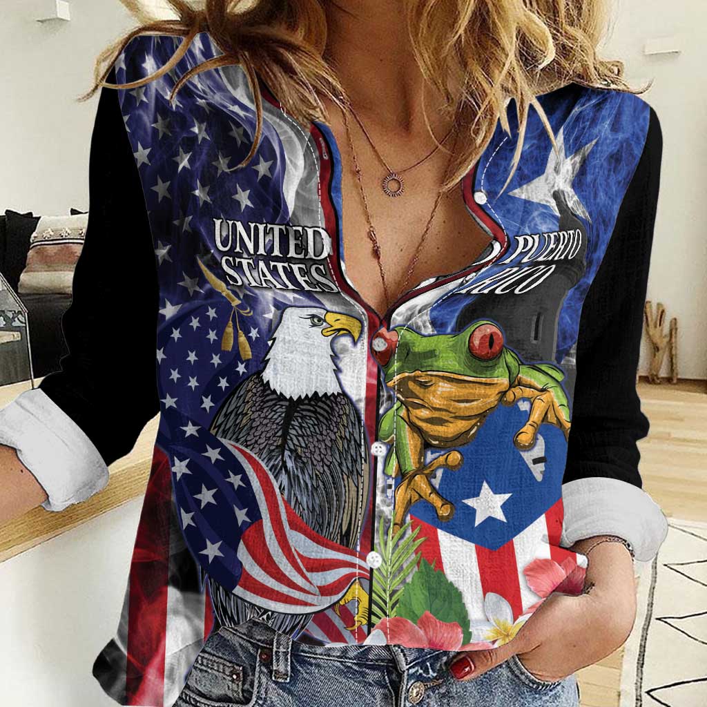 United States Puerto Rico Women Casual Shirt USA Eagle Coqui Drum Tropical Flowers - Wonder Print Shop