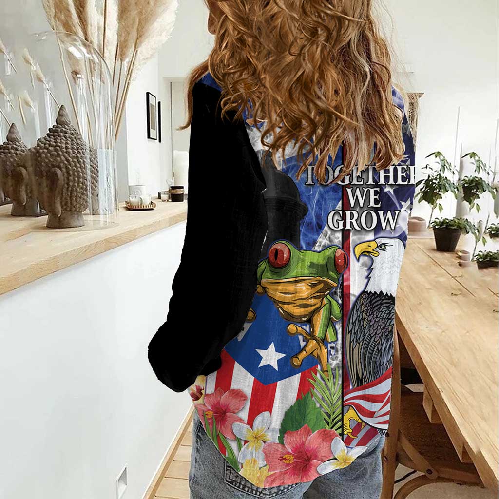 United States Puerto Rico Women Casual Shirt USA Eagle Coqui Drum Tropical Flowers - Wonder Print Shop