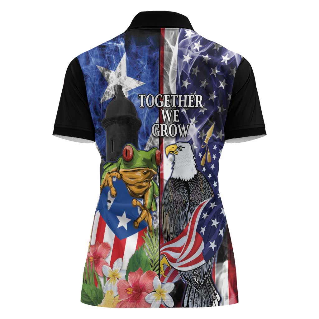 United States Puerto Rico Women Polo Shirt USA Eagle Coqui Drum Tropical Flowers - Wonder Print Shop