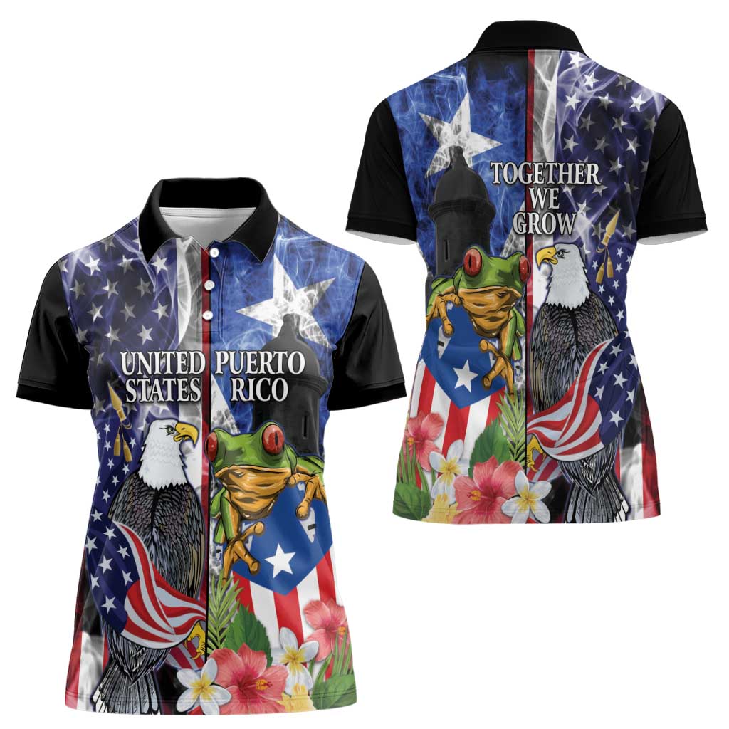 United States Puerto Rico Women Polo Shirt USA Eagle Coqui Drum Tropical Flowers - Wonder Print Shop