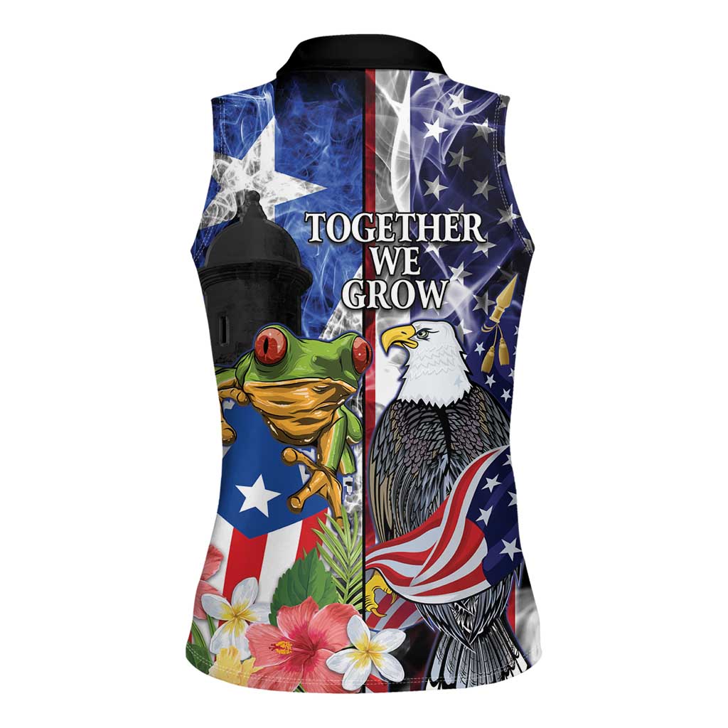 United States Puerto Rico Women Sleeveless Polo Shirt USA Eagle Coqui Drum Tropical Flowers - Wonder Print Shop