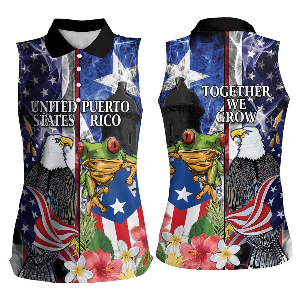 United States Puerto Rico Women Sleeveless Polo Shirt USA Eagle Coqui Drum Tropical Flowers - Wonder Print Shop