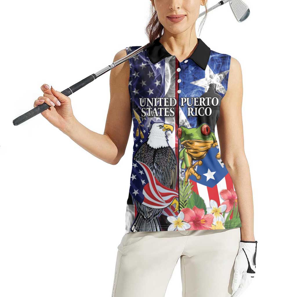 United States Puerto Rico Women Sleeveless Polo Shirt USA Eagle Coqui Drum Tropical Flowers - Wonder Print Shop
