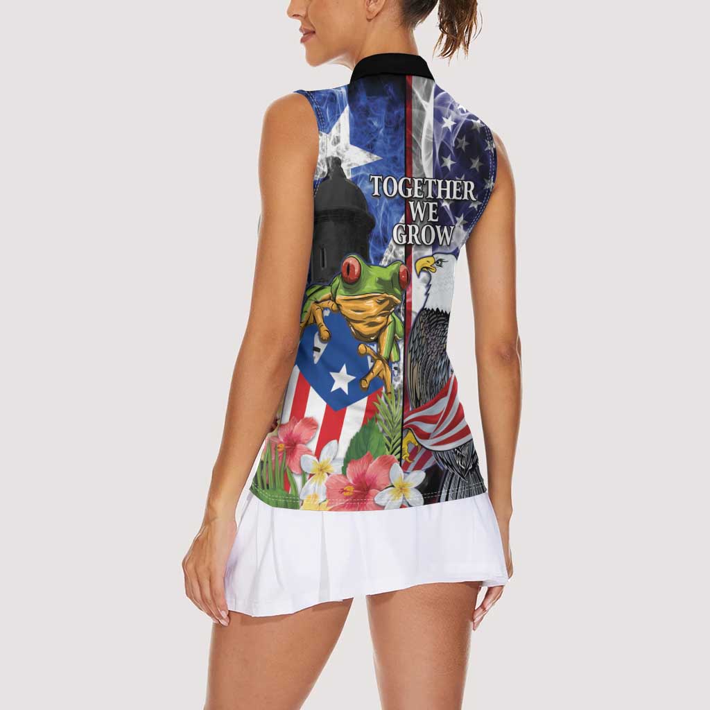 United States Puerto Rico Women Sleeveless Polo Shirt USA Eagle Coqui Drum Tropical Flowers - Wonder Print Shop